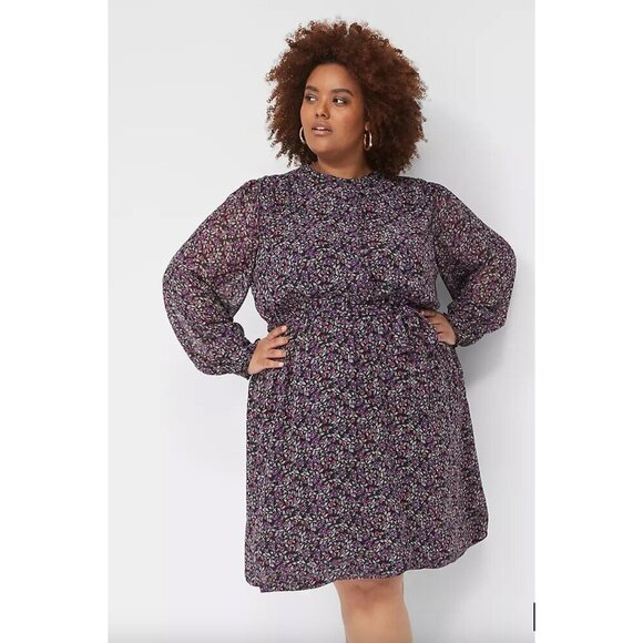 Lane Bryant Chiffon Dress Womens Size 16 Ruffles Button Down Floral Purple - Picture 1 of 11